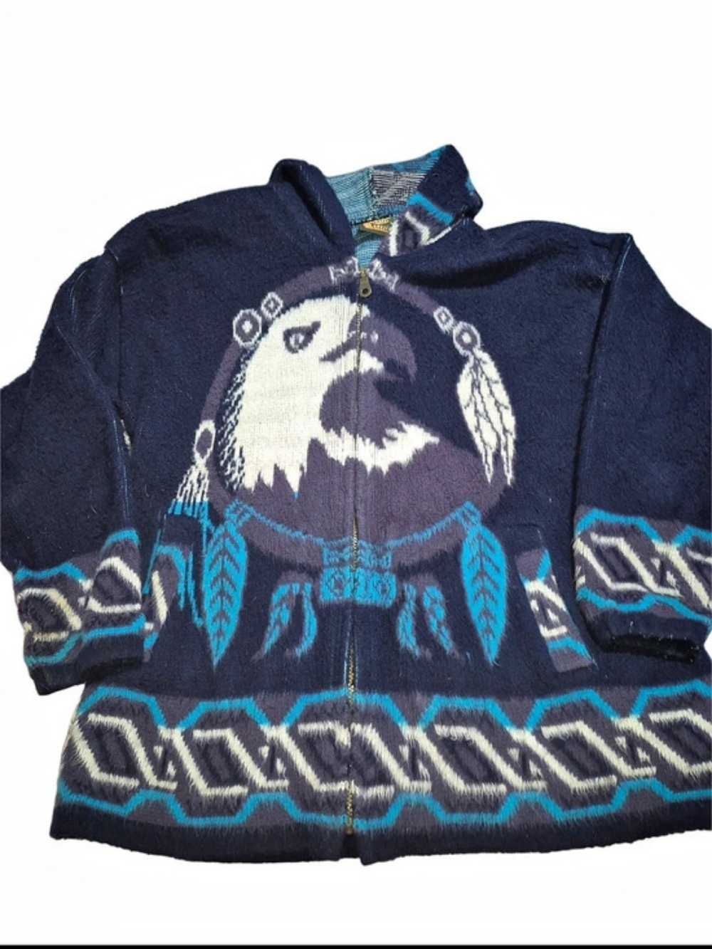 Genesis Vintage 90's Hooded Zip Front Native Eagle Sweater Jacket Size L